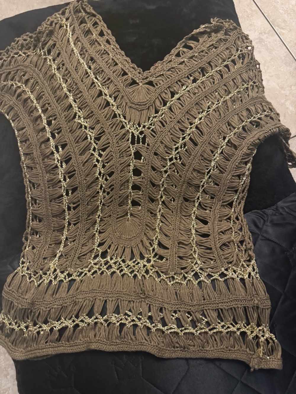 Handmade Crochet V-Neck Knit Top - Olive with Gold Thread